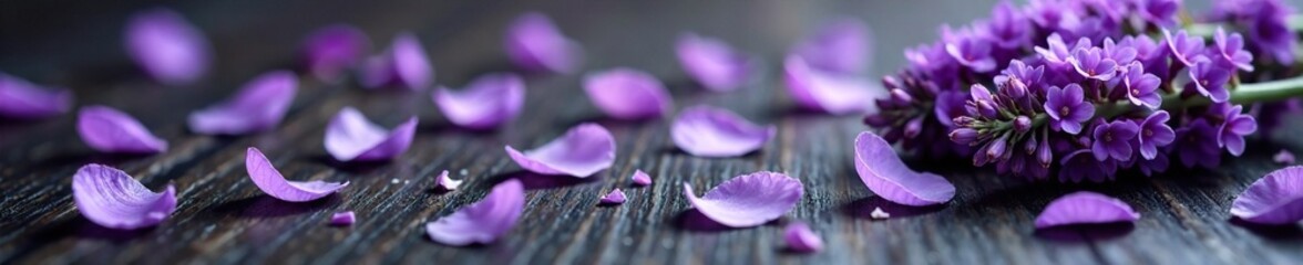 Lavender petals scattered on a dark wooden table, celebration, flowers