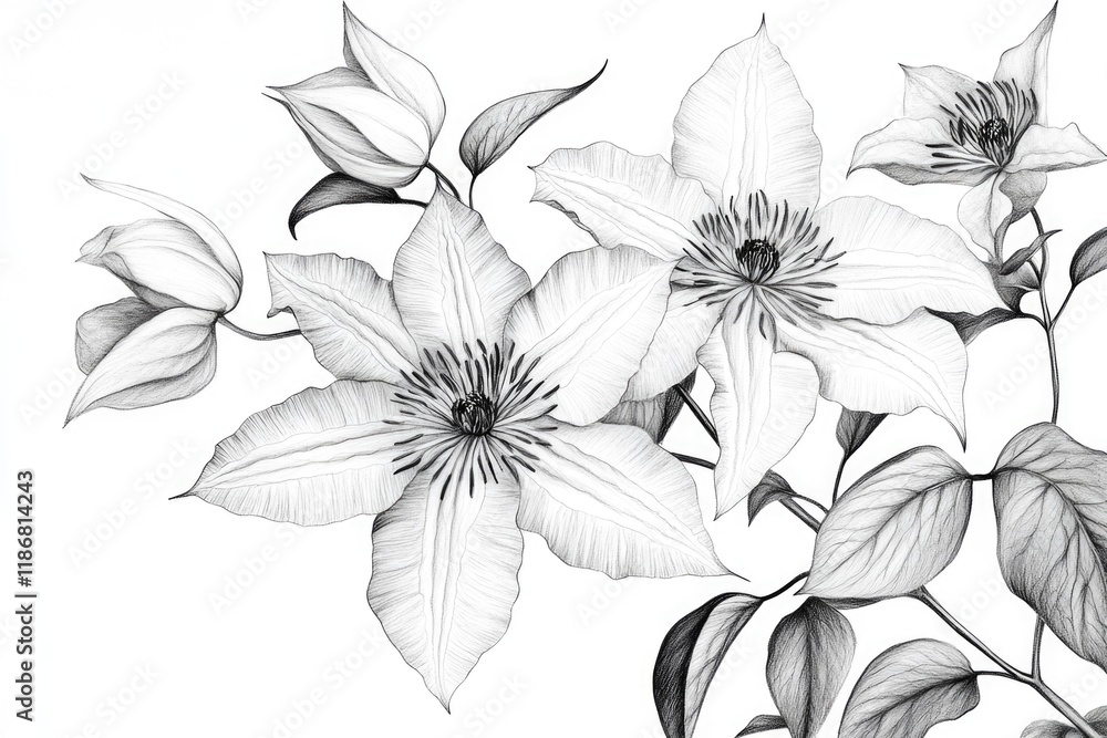 Poster drawing of a flower with a white background. the flower is in the center of the image and is surroun