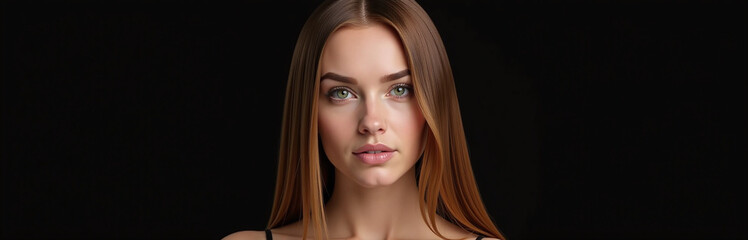 A Woman With Shiny Straight Brown Hair Is Isolated On A Black Background In A Photograph Generated By An Ai System. 00003