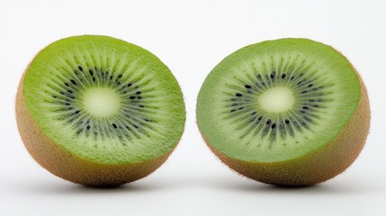 Two Halved Kiwis Ready to Eat, Close Up Studio Shot of Fresh Kiwi Fruit Slices, Vibrant Green Flesh and Tiny Black Seeds