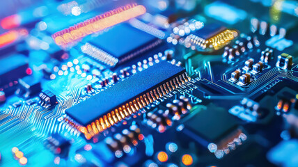 A close-up of a high-tech circuit board in glowing blue and silver tones, showcasing intricate details and modern technology, perfect for illustrating innovation in electronics.
