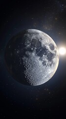 Fototapeta premium Half moon displaying intricate craters, beautifully illuminated by the Sun, drifting through the dark expanse of space filled with stars