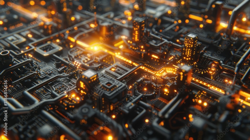 Poster futuristic digital cityscape with glowing orange circuits and intricate metallic structures.