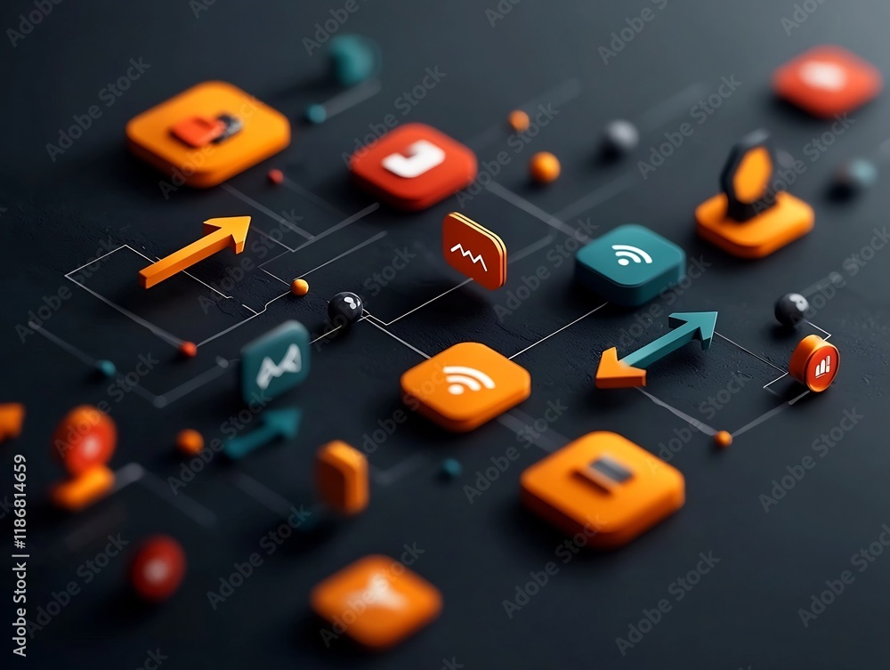 Poster fluid digital network interconnected messaging icons and cascading linework arrows in a moody abstra