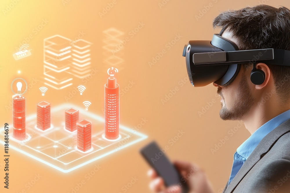 Poster a man in a vr headset interacts with digital data visualizations, showcasing technology's impact on 