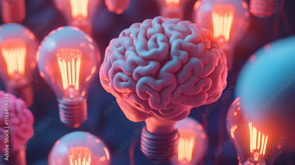 Poster brain is surrounded by many light bulbs, creating a surreal and abstract scene. the brain is the cen