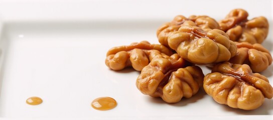 White platter with caramelized walnuts sweet crunchy