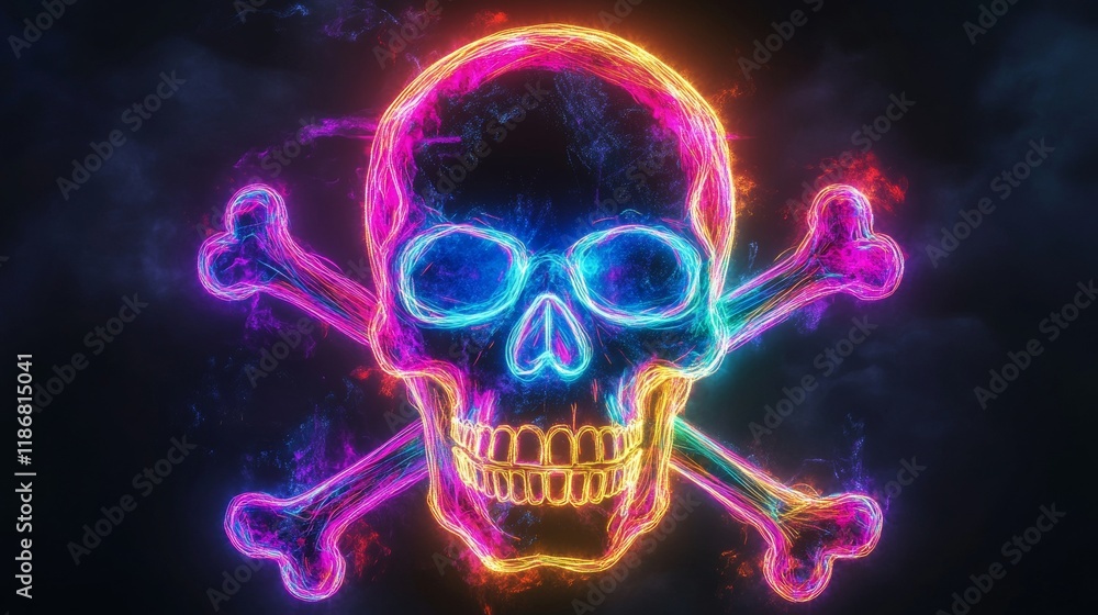 Poster glowing neon skull crossbones illuminating dark background with vivid color gradient, presenting edg