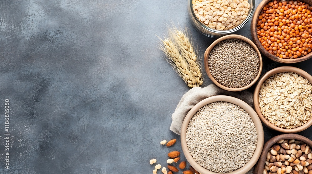 Poster assortment of nutrientrich whole grains in bowls on rustic background : generative ai