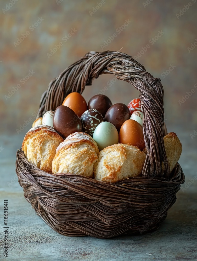 Aufkleber basket filled with bread and chocolate eggs. the basket is brown and has a wicker weave. the eggs ar