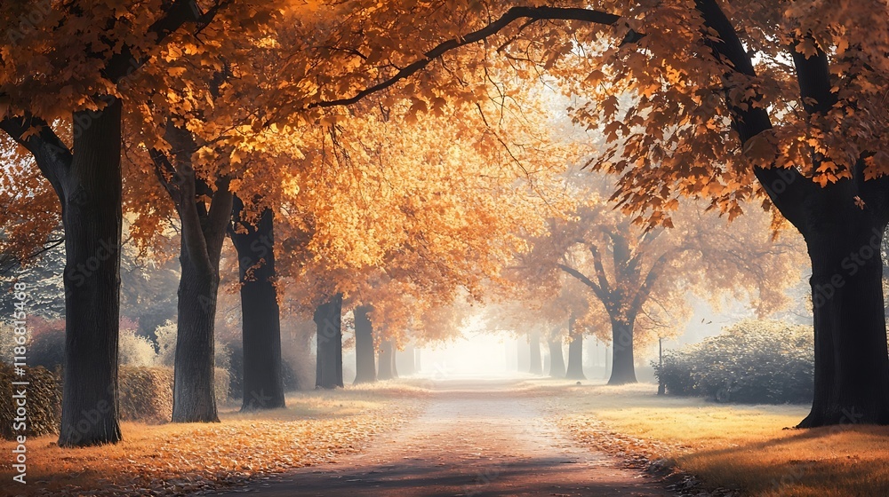 Poster scenic autumn pathway with golden foliage and sunlight filtering through trees : generative ai