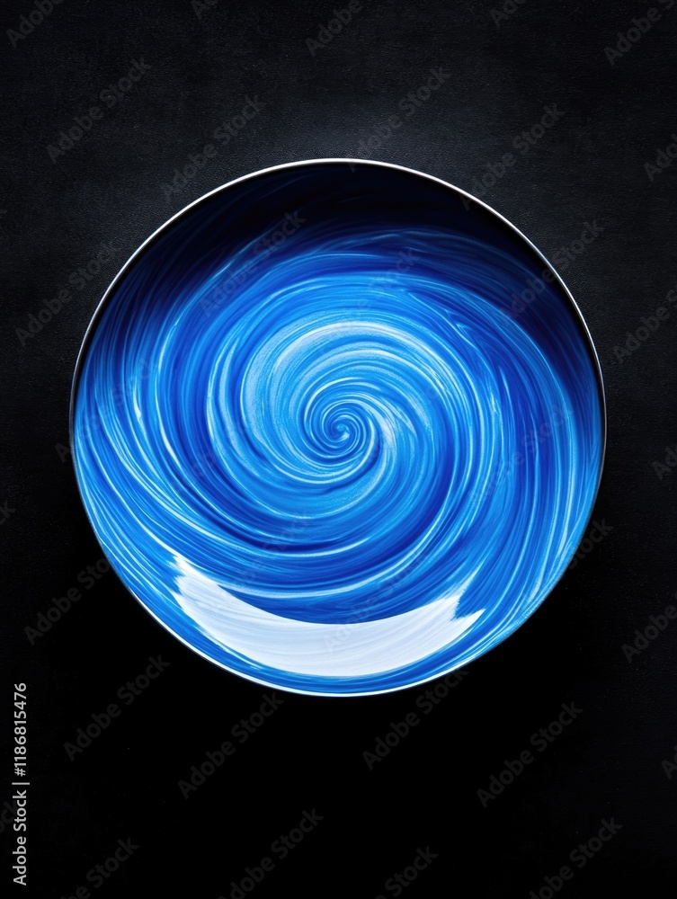 Poster blue plate with a swirl pattern on it. the plate is sitting on a black background. the blue color of