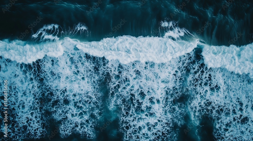 Aufkleber Aerial View of Crashing Ocean Waves with Turquoise Tones and White Foam Patterns : Generative AI
