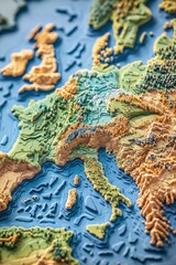 Map of Europe with mountains and a blue ocean. The map is made of wood and has a 3D effect