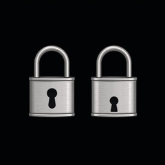 Fototapeta premium Minimal cartoon silhouette of silver-toned lockedunlocked padlocks on a black background symbolizes confidentiality privacy security concepts