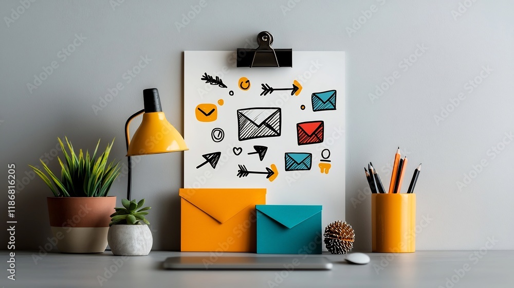 Poster collaborative global connection concept with hand drawn user arrow and mail icons against a muted co