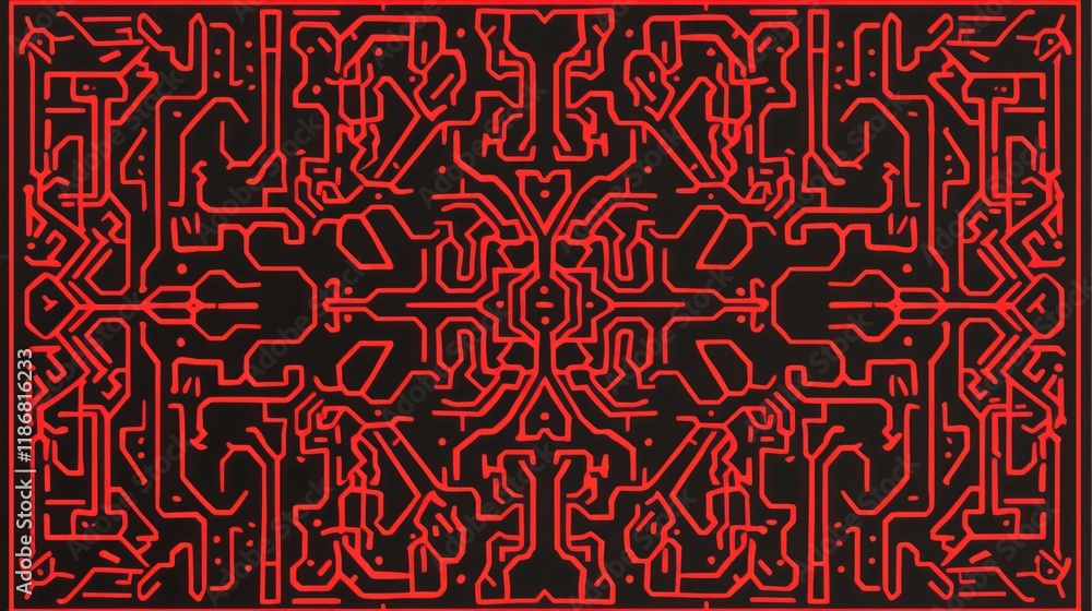Poster abstract red circuit board pattern on black background.