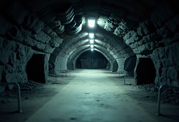 A dark, secluded underground bunker featuring stone walls, a wooden door, and soft lighting creates a secure environment.