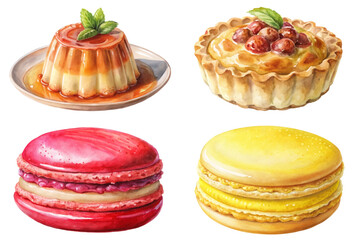 Colorful desserts, watercolor painting, sweet treats, gourmet pastries, artistic food illustration, vibrant colors, delicious presentation.