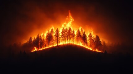 Intense Wildfire Consuming Forest Tree Line at Night with Flames