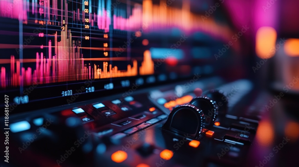 Poster vibrant audio mixing console with colorful sound waves display