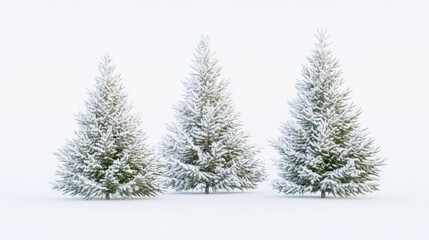 Obraz premium Three snow covered pine trees stand in a field. The trees are bare and covered in snow, giving the image a serene and peaceful mood