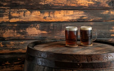 Fototapeta premium Stock Photo of Two Beer Mugs on an Old Barrel with Wooden Background