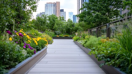 Urban Rooftop Garden Pathway with Lush Greenery Amidst City Skyscrapers : Generative AI