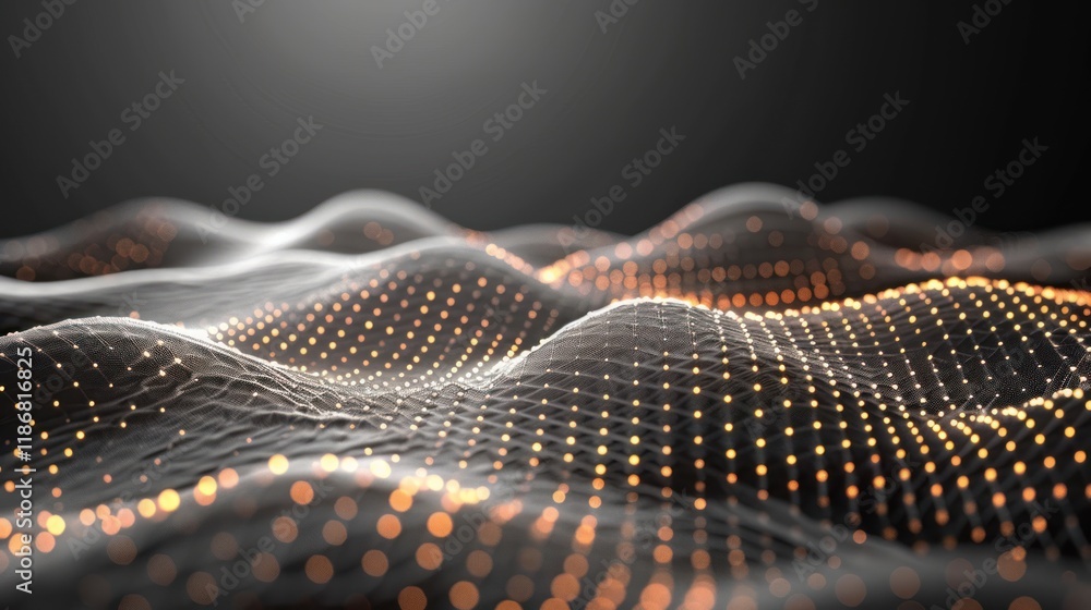 Poster abstract glowing orange particles forming wavy lines and mesh network on dark background.
