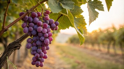 Fototapeta premium Sunset Vineyard Grapes Close-up Composition of Red Grapes Hanging from Vine, Golden Hour Light, Vineyard Background Vineyard, Grapes