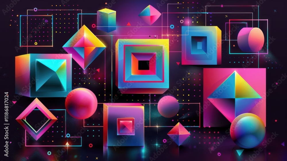 Poster vibrant, colorful geometric shapes and forms float in a dark space with glowing lines.