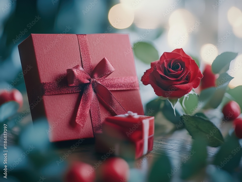 Poster red box with a red ribbon sits on a table next to a red rose. the rose is placed on a leaf, and ther