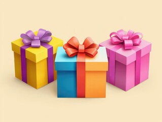 Obraz premium Three boxes with colorful bows on them, one is yellow, one is blue, and one is pink. They are arranged in a row, with the yellow box on the left, the blue box in the middle