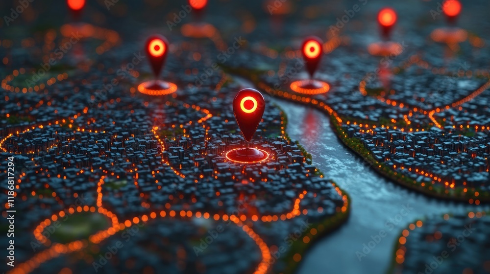 Aufkleber glowing cityscape map with multiple location markers: digital navigation technology