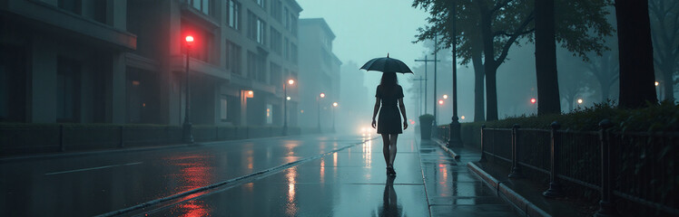 A Woman Walks Alone In A Rainy Day Painting Created By An Artificial Intelligence Generative Program. 00001