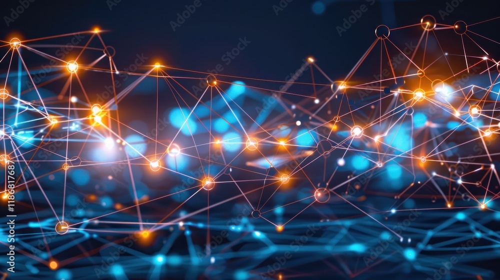 Poster abstract network connection, glowing nodes and lines.