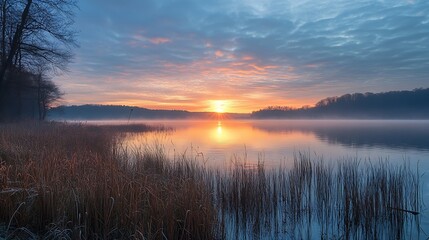 Obraz premium Serene Lake at Sunrise with Mystical Mist and Reflecting Colors in Picturesque Landscape : Generative AI