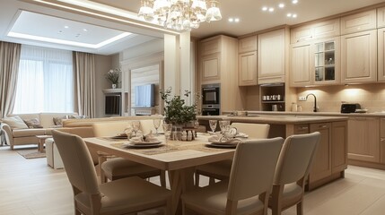 Fototapeta premium Bright Modern Kitchen with Natural Ash Facades and Light Ash Wood Tabletop, Featuring Harmonious Flooring and Furniture