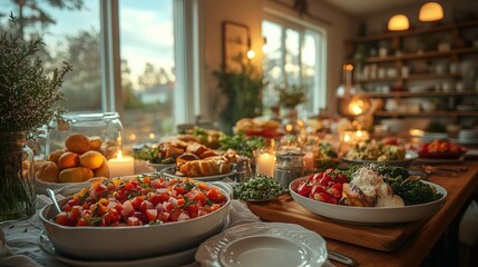 A Vibrant Spread of Fresh and Colorful Dishes Displayed on a Rustic Table, Perfect for Gatherings and Celebrations, with Soft Warm Lighting Enhancing the Cozy Atmosphere