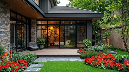 Fototapete Modern home's backyard with patio, garden, and large windows. © Enggal Pitoyo