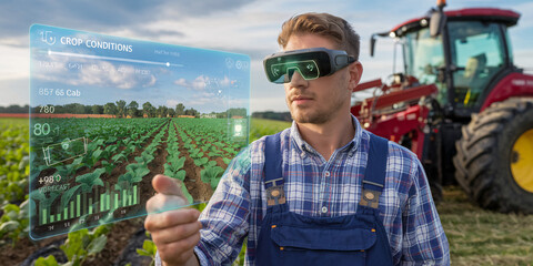 Smart Farming with Augmented Reality. Farmer wearing smart glasses inspects crops with drone monitoring in advanced agricultural setting.