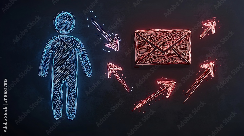 Poster freehand sketch style digital featuring a person icon mail envelope symbol and intersecting arrow mo