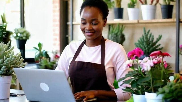 Black woman working with her laptop in her flower shop. Concept of the use of technology in small businesses.