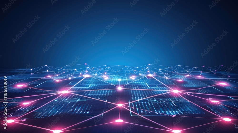 Poster abstract digital network connection, glowing nodes and lines on a dark blue background.