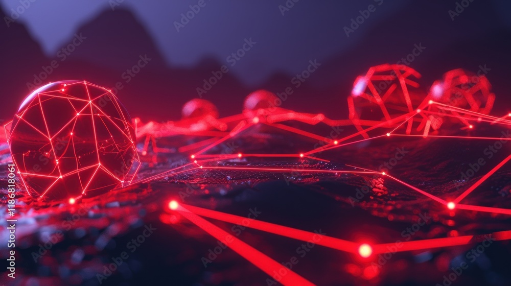 Poster red glowing network nodes and connections on dark surface.