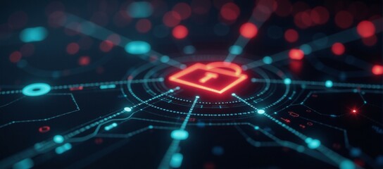 Digital illustration showcasing a secure data network for banks highlighted by glowing encryption patterns and cybersecurity themes against a dark backdrop with vibrant neon accents