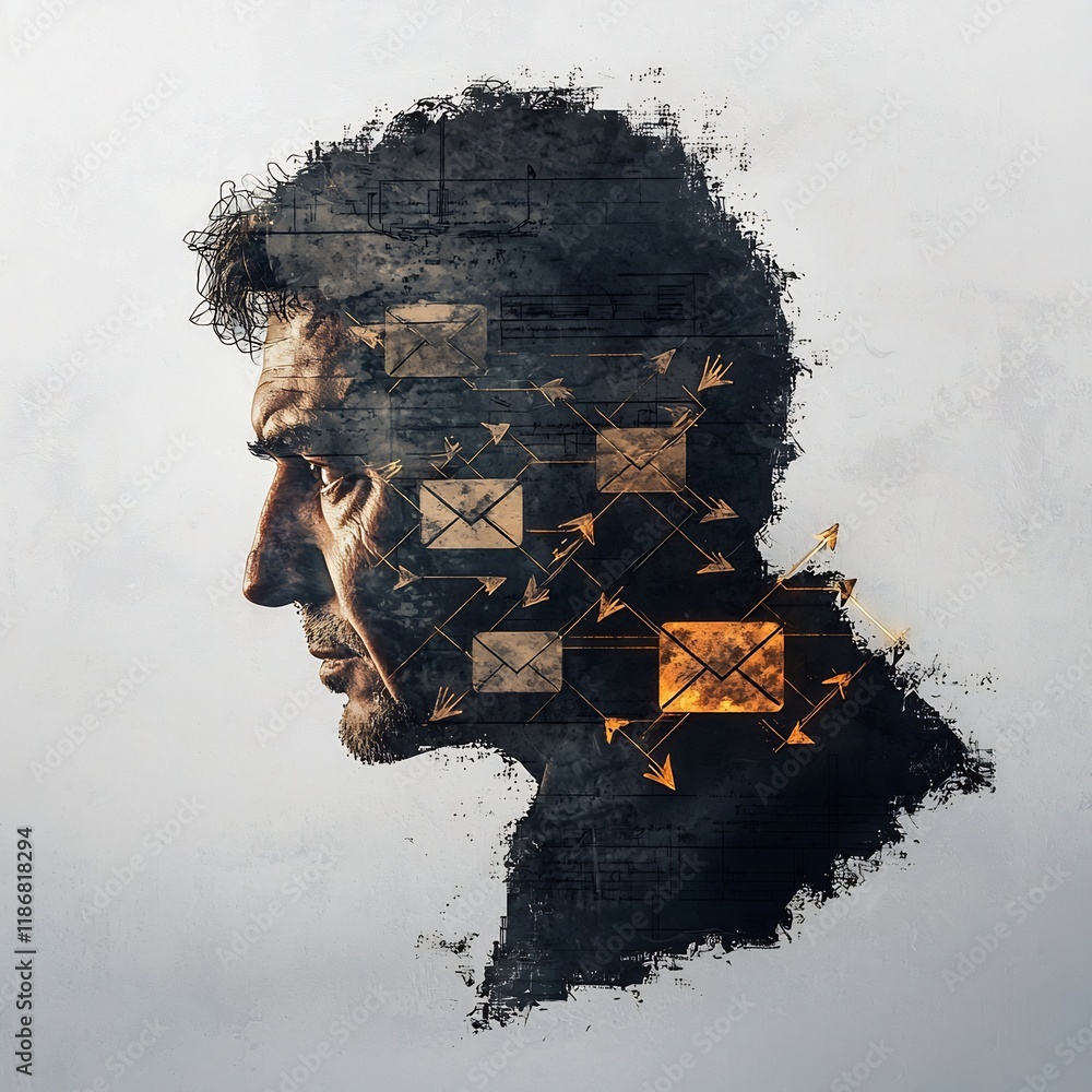Poster haunting digital painting of a freehand sketch showcasing a person a mail envelope icon and intersec