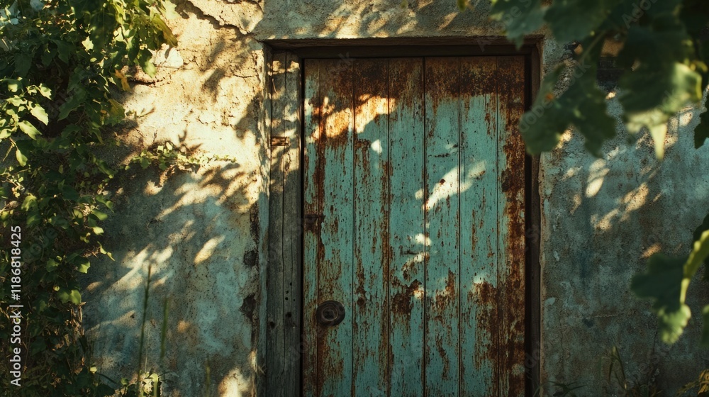 Poster door with a rusty handle is in front of a building. the door is green and has a wooden frame. the do