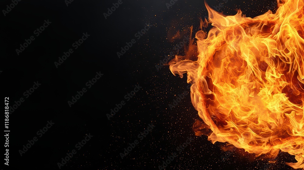 Poster intense flames erupting in a dark background with sparkles and glow