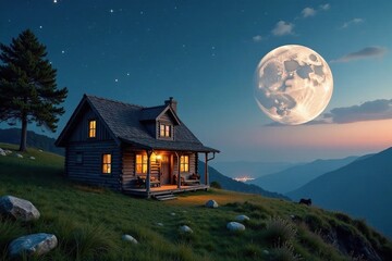 Rustic cottage with wooden roof in lunar landscape, cottage, moon, peaceful